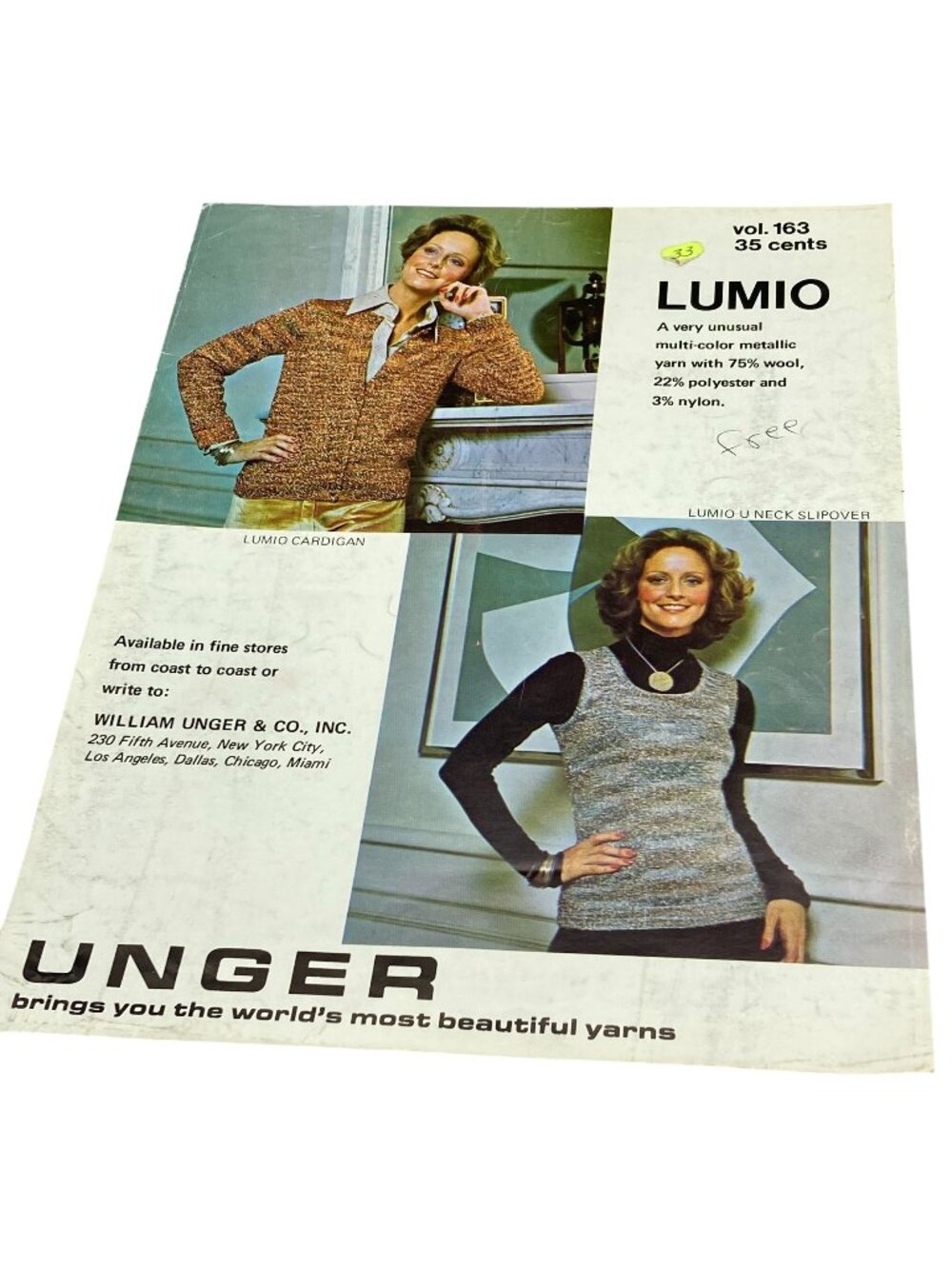 Vintage Lumio Cardigan Sweater Pattern for Hand Knit, Volume 163, Unger Yarns